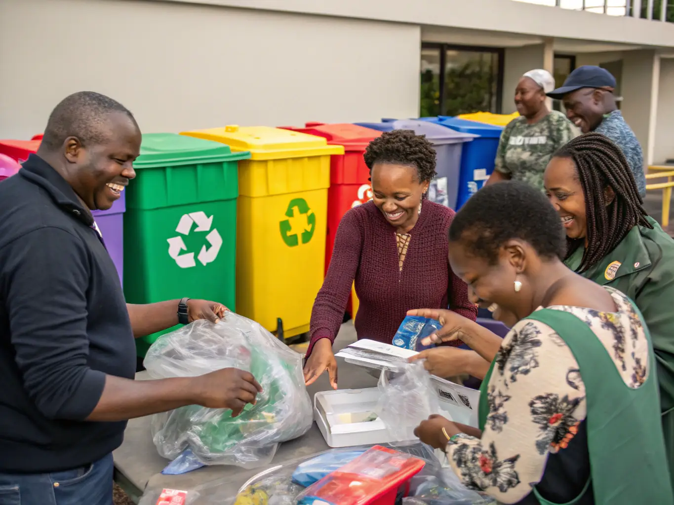 A photograph showcasing a community workshop led by RAEVE LUCIDE artists, where participants are learning to create their own art pieces using recycled materials.