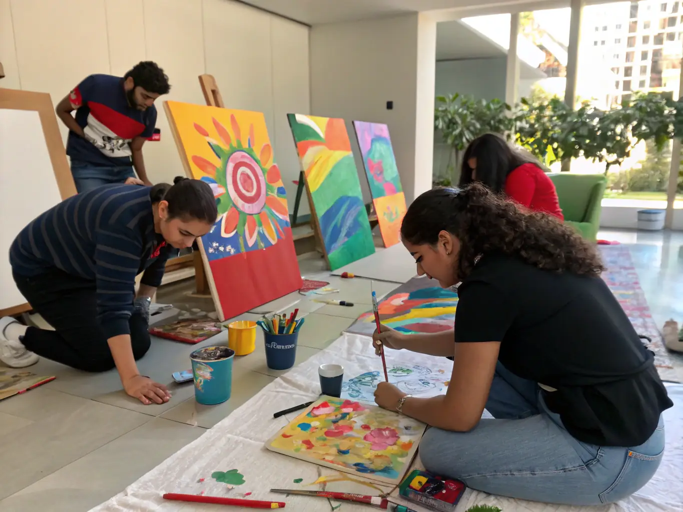 A photograph of a RAEVE LUCIDE workshop, where participants are actively involved in creating art under the guidance of experienced facilitators. The image highlights the hands-on learning and collaborative spirit of the program.