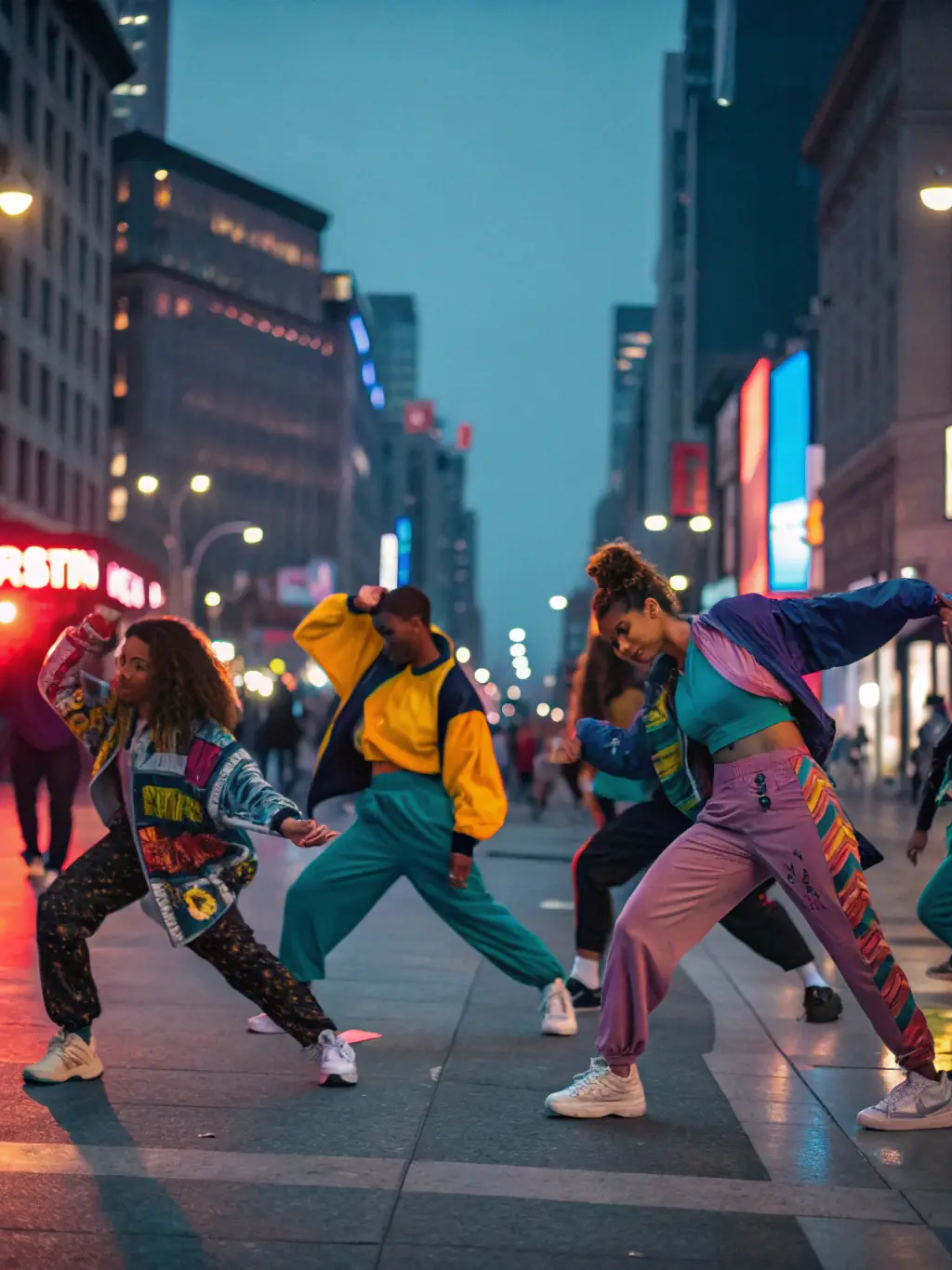 An image of a pop-up performance art event in an urban setting, featuring dancers and musicians collaborating to create a spontaneous and engaging artistic experience for passersby, supported by RAEVE LUCIDE.
