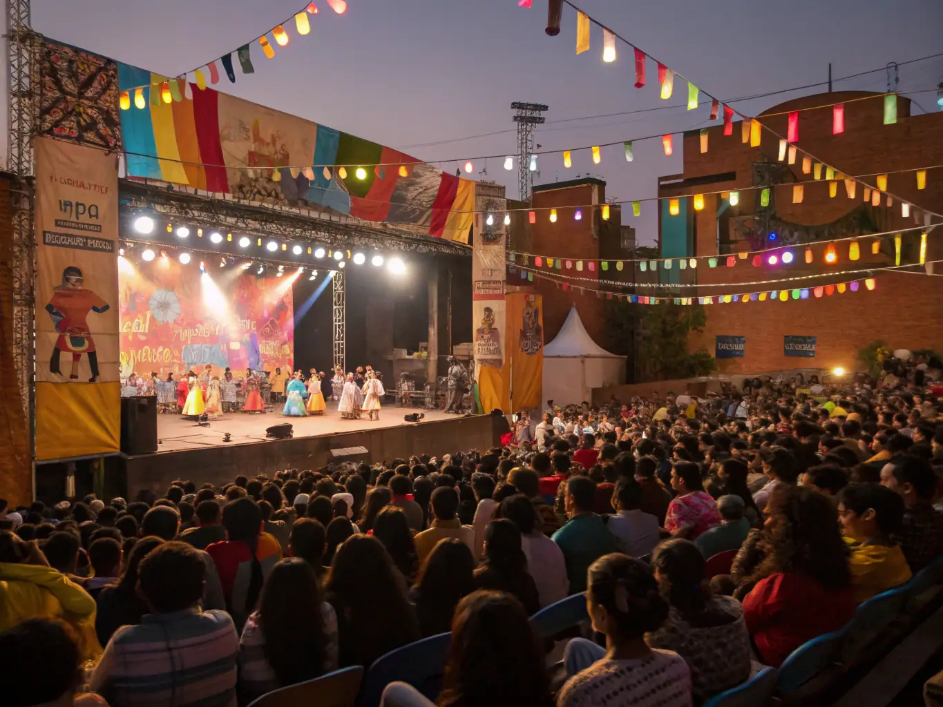 A photograph of a RAEVE LUCIDE-designed stage at a local cultural festival, featuring performers and a large, engaged audience.