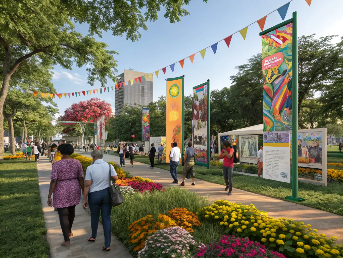 A vibrant image showcasing an interactive art installation at a community festival, with people of all ages engaging with the artwork.