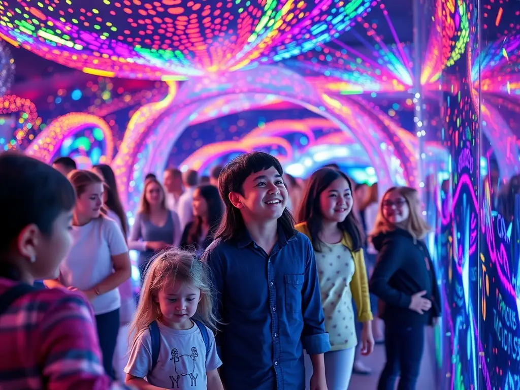 A vibrant photograph capturing participants of all ages engaging with an interactive art installation at a RAEVE LUCIDE event, showcasing the community's enthusiasm and creativity.