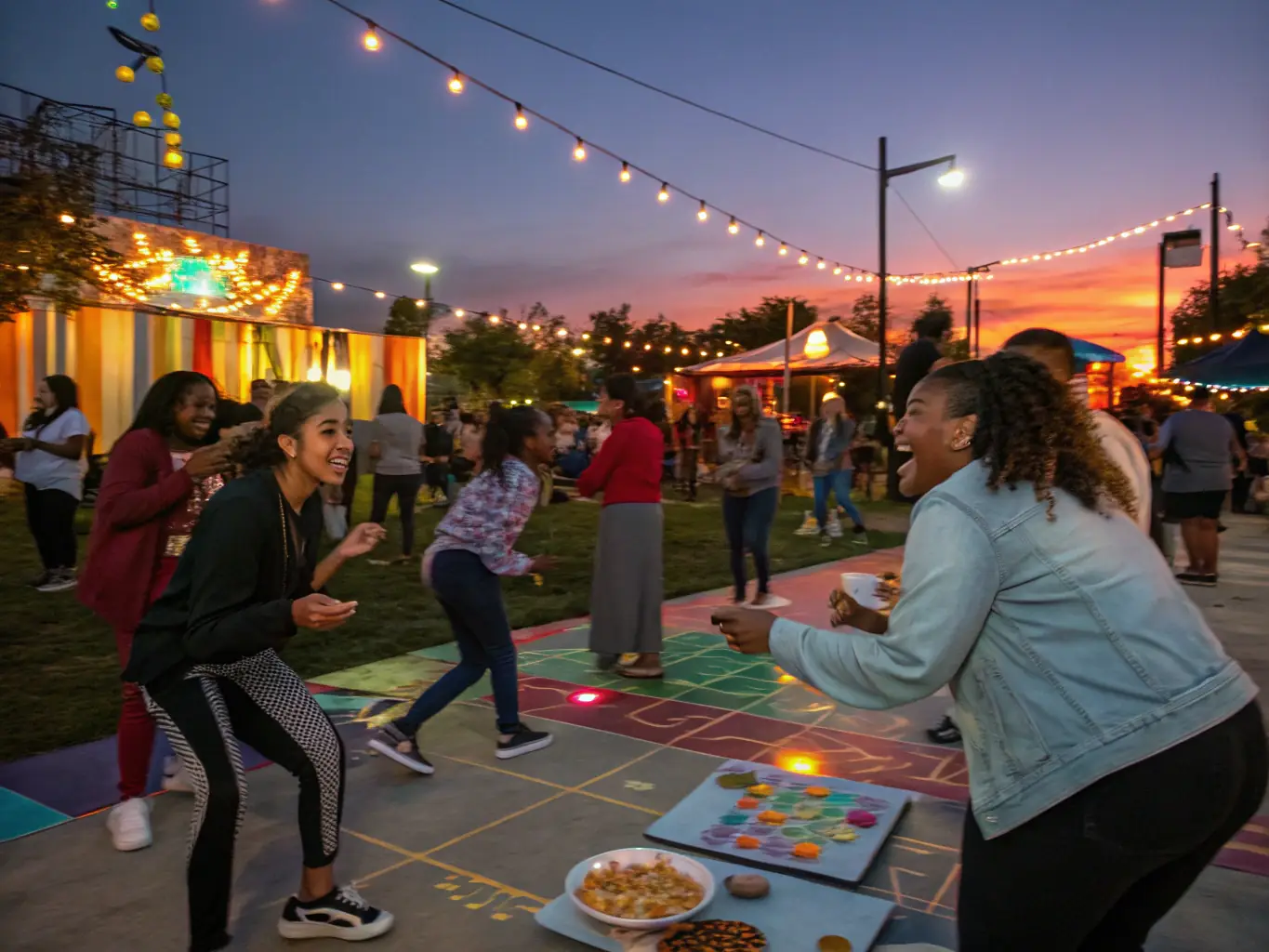 An image of an outdoor cultural event featuring a light and sound installation designed by RAEVE LUCIDE, illuminating the space and creating a magical ambiance.
