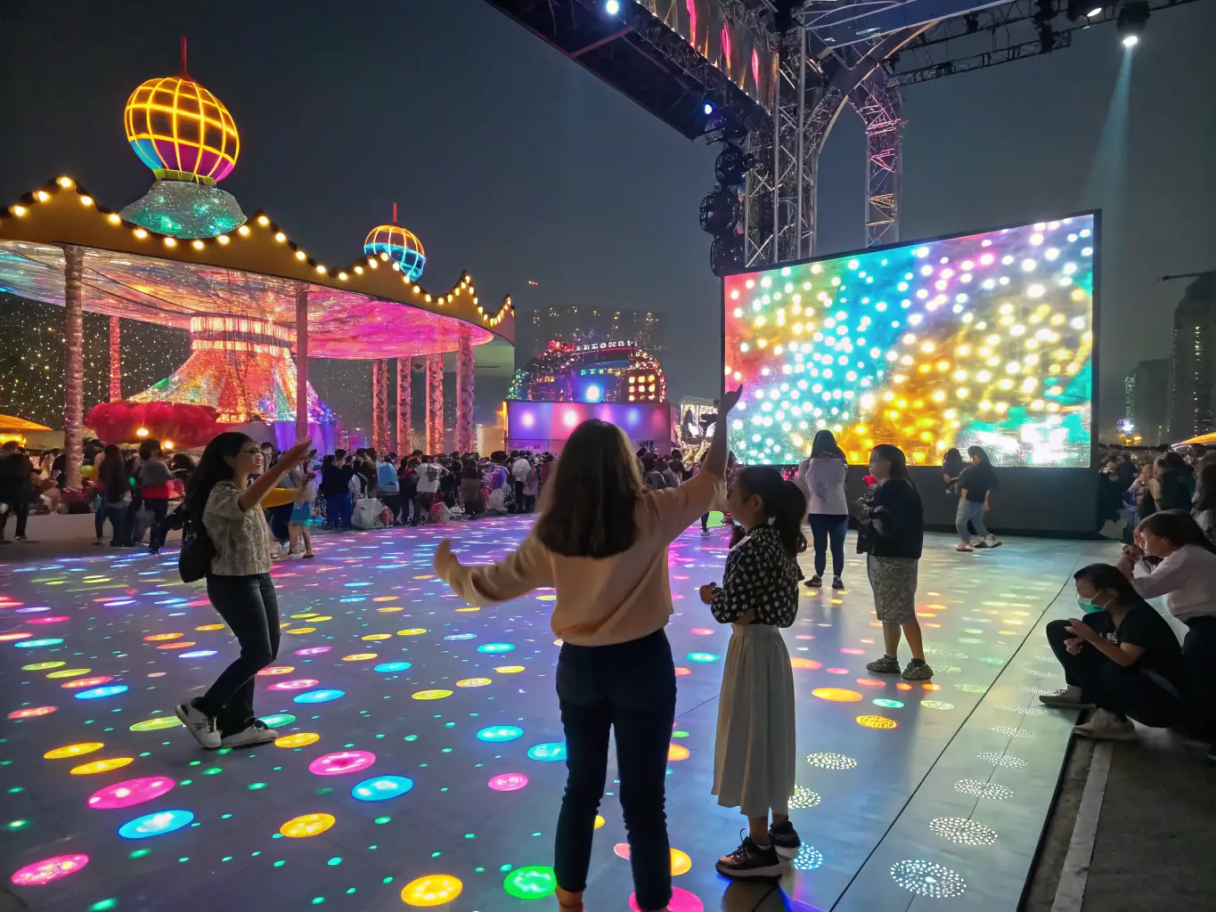 A photograph of a completed RAEVE LUCIDE art installation at a cultural festival, with attendees admiring and interacting with the artwork.