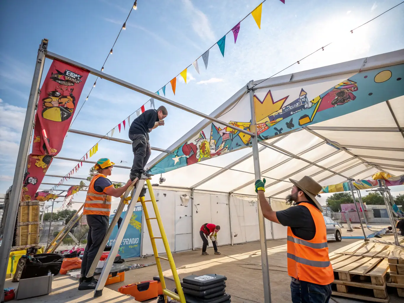 A dynamic image of a RAEVE LUCIDE team setting up an ephemeral installation in a public space, highlighting the technical expertise and collaborative effort involved in bringing these projects to life.
