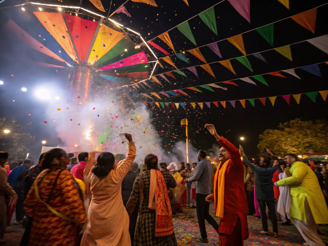 A photograph of a nighttime cultural event featuring a light installation, creating a magical and immersive atmosphere for attendees.