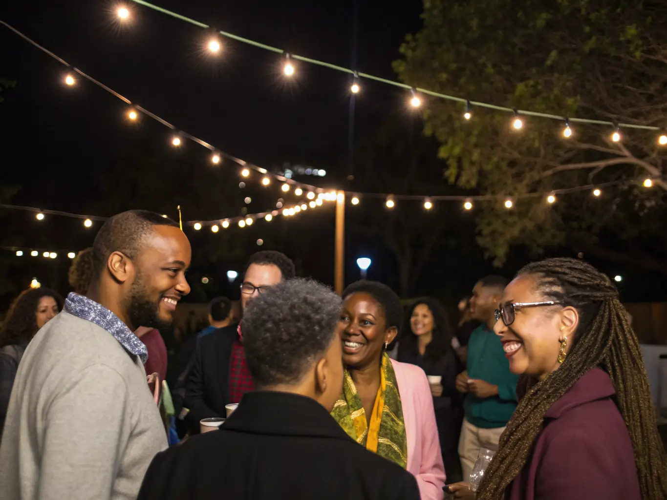 A photograph capturing a diverse group of people joyfully interacting with an art installation during a RAEVE LUCIDE event at sunset.