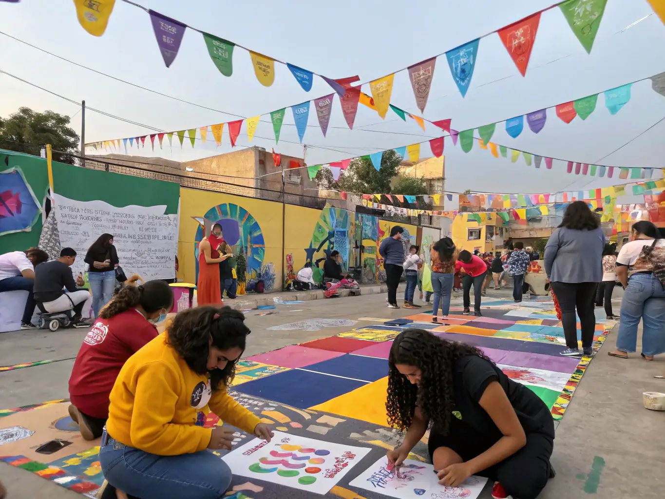 A vibrant image showcasing a RAEVE LUCIDE installation at a community festival, with diverse participants interacting with the art piece. The scene captures the essence of community engagement and artistic expression.